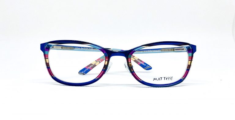 Striped pair of glasses with the Mattisse logo on the lens.
