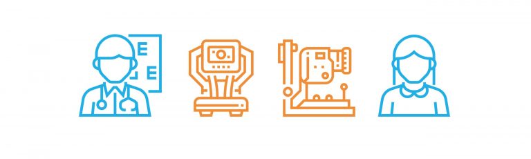 Four outline drawings showing an optician with an eye test chart in the background, two pieces of test equipment and a woman.